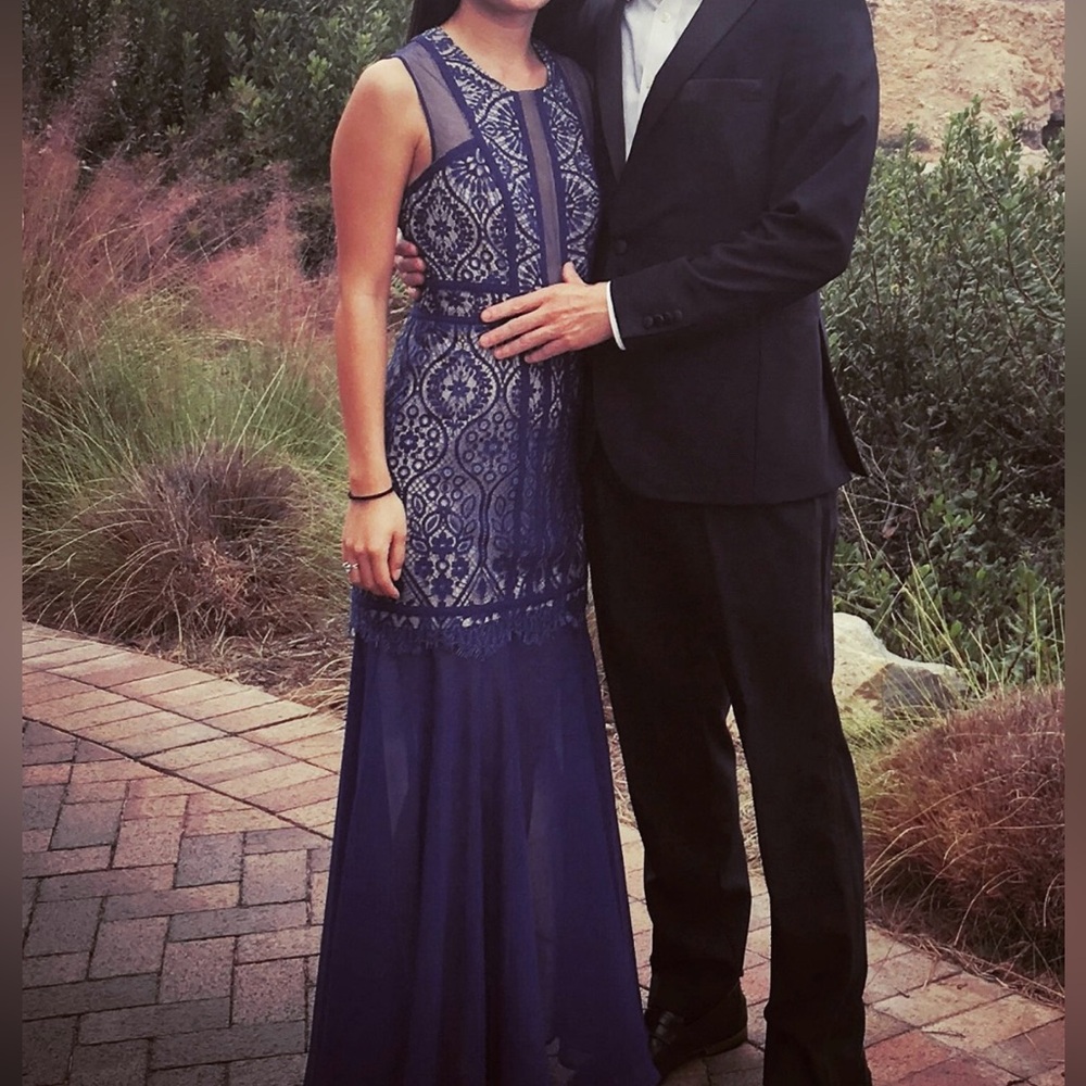BCBG Blue Embroidered Gown with Sheer Paneling